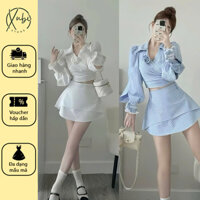 Set Váy Áo Cổ Sơ Mi Chéo Tà Đính Hoa Phối Dây Nơ Buộc Eo Mix Chân Váy Vạt Bầu Chữ A - Z101