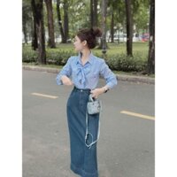 Set váy áo cổ sơ mi lụa tay dài cột nơ màu xanh tươi tắn mix cùng chân váy jeans chữ A trẻ trung