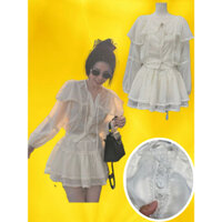 Sét váy áo cổ tròn tay dài & chân váy xoè 2 tầng 🔥voan tơ organ ánh kim + ren 🔥 váy trắng tiểu thư kỷ yếu ANNA