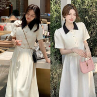 Set Váy Áo Croptop Cổ Bèo Tay Phồng Mix Chân Váy Dài Xếp Ly Dài Xinh Xắn, Set Váy Tiểu Thư Nữ