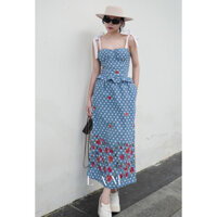 Set Váy Áo cúp ngực corset và chân váy dài chấm bi vải Denim Thêu hoa nổi độc lạ