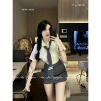 Set váy áo đũi vân mây cổ sơ mi kèm cà vạt mix chân váy kaki ôm eo dày dặn mặc đi chơi siêu dễ thương