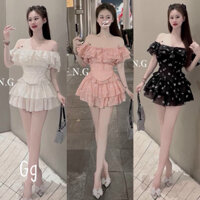 Sét váy áo kiểu cổ bèo có bra mix chân váy tầng voan hoa in mẫu siêu hót