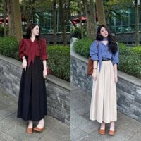 Sét Váy Áo Kiểu Sơ Mi Tay Dài Cột Nơ Kèm Chân Váy Mango Xếp Ly Có Kèm Dây Nịt