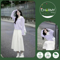 Set Váy Áo Len Nữ Misaki Màu Tím Len Lông Thỏ Mềm Mại Co Giãn Kèm Chân Váy Midi Xòe Thanh Lịch Thời Trang Charmy Shop