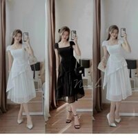 Set váy áo lụa nhung, chân váy voan thời trang nữ cổ vuông áo ngắn tay váy dài xòe sang trọng nhẹ nhàng