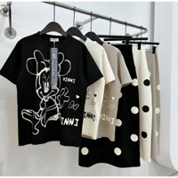 SÉT VÁY ÁO MICKEY UMI XỐP MIX CHÂN VÁY CHẤM BI DÀI NỮ 3 MÀU