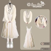 Set váy áo nữ, Bộ 2 chi tiết áo len cardigan tay dài phồng chất len QCCC và váy dài 2 dây voan lụa nhiều lớp tiểu thư