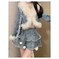 Set váy áo nữ mùa đông phối lông thỏ mịn cho nữ giới, hàng cao cấp xu hướng hotgirl, váy nữ
