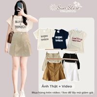 Set váy áo nữ,Bộ đồ nữ quần giả váy kaki cạp cao có quần trong phối áo thun basic tay cánh dơi trẻ trung đi chơi