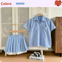 Set váy áo sơ mi kẻ sọc xanh phối chân váy xếp li có lót trong chất vải Cotton sọc LS475 HoneyBubbles