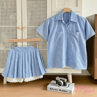 Set váy áo sơ mi kẻ sọc xanh phối chân váy xếp li có lót trong chất vải Cotton sọc S475 Blink Blink