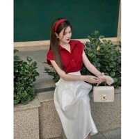 sét váy áo sơ mi ngắn tay cotton lạnh, chân váy xòe dáng dài free size set đầm Nữ Nhung