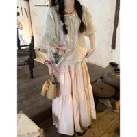 Set Váy Áo Tay Bồng Chấm Bi Chân Váy Dài Chữ A Cạp Cao Phong Cách Hàn Quốc Ngọt Ngào