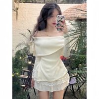 Set váy áo thun tăm lệch vai đính nơ vai tay dài xẻ tà eo chân váy voan tơ phối ren kiểu dáng trẻ trung
