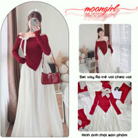 Set váy Áo trễ vai chéo vạt đính nơ mix với chân váy maxi dáng dài chất voan bồng bềnh moongril G163