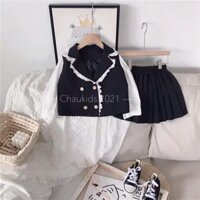 Sét váy áo vest cổ bèo chân váy xếp ly cho bé gái 12-14kg