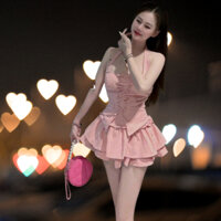 sét váy áo yếm kèm chân váy 2 tầng midi kate mịn pc