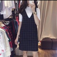 Sét váy áo yếm sọc caro