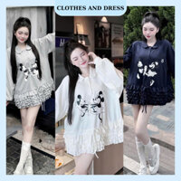 Set váy babydoll cổ bẻ dài tay in hoạ tiết Micky - Set váy Micky xoè nhiều tầng kèm quần lót rời siêu dễ thương