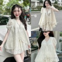 Set váy babydoll dễ thương cho nàng đi chơi có ren thiết kế thêu hoa 2 lớp đính đá cổ chữ V tay bồng xinh iu