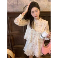 set váy babydoll hoa nhí tay dài siêu dễ thương