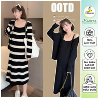 Set Váy Bầu 2 Dây & Áo Khoác Cardigan Kẻ Đen Trắng Len QC Cao Cấp - Đầm Bầu Trước Và Sau Sinh Freesize [V01]