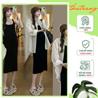 Set váy bầu body kèm áo sơ mi nữ dài tay voan mỏng khoác ngoài đi biển oversize, Áo khoác bầu đi biển voan tơ giấy