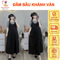 Set Váy bầu, đầm bầu, yếm bầu đen chất liệu tổ ong gồm 01 yếm kèm 01 áo cotton mẹ bầu mặc đi làm, đi chơi