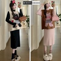 Set váy bầu nỉ thêu hình mèo mù X117 gồm 1 áo gilet nỉ ép dáng babydoll rộng + 1 váy len cổ lọ suông dài maxi đi chơi