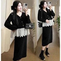 Set váy bầu SET226 gồm áo cổ V phối ren + chân váy bầu phong cách trẻ trung