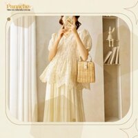 Set váy bầu tết đầm bầu tiểu thư thêu hoa váy có đai chun điều chỉnh bụng bầu S3