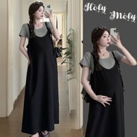 Set váy bầu yếm maxi mùa hè X208 gồm áo baby tee cộc tay chất cotton mềm phối váy yếm 2 dây mềm mát form free size