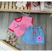 set váy bé gái 1 tuổi - 16 tuổi nặng từ 10kg -50kg áo cotton chính phẩm chân váy Jean mềm co giãn kèm chip