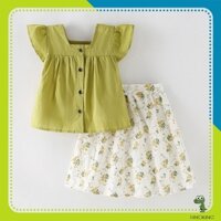 Set váy bé gái DINOKING Set bộ áo 2 dây + chân váy hoa nhí kiểu vintage Hàn Quốc cho bé gái mùa hè đi chơi dự tiệc VA42