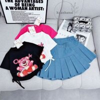 Set váy bé gái gồm áo cotton gấu rút dây eo và chân váy Jean xếp ly liền quần (ảnh thật) 12-40kg XHN1517