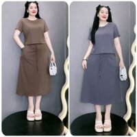 SET VÁY BIGSIZE NỮ ÁO THUN TAY NGẮN KÈM CHÂN VÁY DÀI QUA GỐI CHẤT THUN GÂN CO GIÃN HÁCH DÁNG- SET813