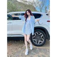 Sét váy blazer nữ thời trang mặc đi chơi áo thun gân hai dây in chữ mix chân váy chữ A cotton lạnh kèm áo khoác lụa tơ