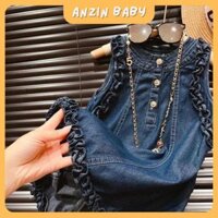 Set váy bò ba lỗ trẻ em đầm jean sát nách sành điệu cho bé gái từ 8-25kg