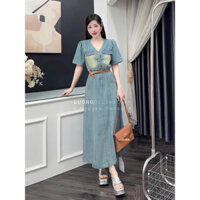 set váy bò jeans, dáng dài kèm đai cực xinh