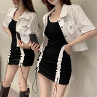 Sét váy  body nữ rút dây dúm thân mix áo khoác trắng lửng chất kaki. váy hai dây nữ cổ vuông diện đi chơ  trẻ trung.
