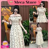 Sét Váy Chấm Bi Áo Croptop Trễ Vai Viền Ren Chun Eo Mix Chân Váy Đũi Tơ Xòe Dáng Dài 2 Lớp Tiểu Thơ