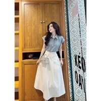 Set váy chất kaki áo jeans lụa thời trang nữ cổ sơ mi áo ngắn tay váy dài xòe sang trọng - nhẹ nhàng