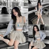 Set váy chất vải thun tăm tàu thoáng mát áo cổ vuông sát nách khoác dài tay chân váy xoè phối viền ren