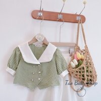 Sét váy cho bé gái, sét áo caro xanh 2 hàng cúc kèm chân váy xòe trắng cho bé size 12-30kg