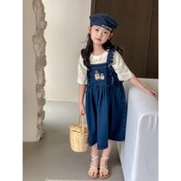 Sét Váy Cho Bé Gái TOMKIDS Sét Yếm Cho Bé Gái, Yếm Jeans Cho Bé Gái Mix Áo Trắng Size 10-20KG