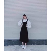 Set váy cổ V mix áo sơ mi cổ bèo