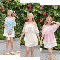 Set Váy Cổ Yếm Hở Vai Chất Voan Mềm Kèm Chân Váy Tafta Có Quần Trong