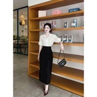 Set váy công sở áo sơ mi tay ngắn đính hoa xinh chất lụa mix chân váy đuôi cá dài tuyết mưa phong cách sang trọng