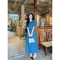 Sét váy công sở chất JEANS CỨNG một màu xanh áo cổ vuông nút chéo tay ngắn mix chân váy dài maxi